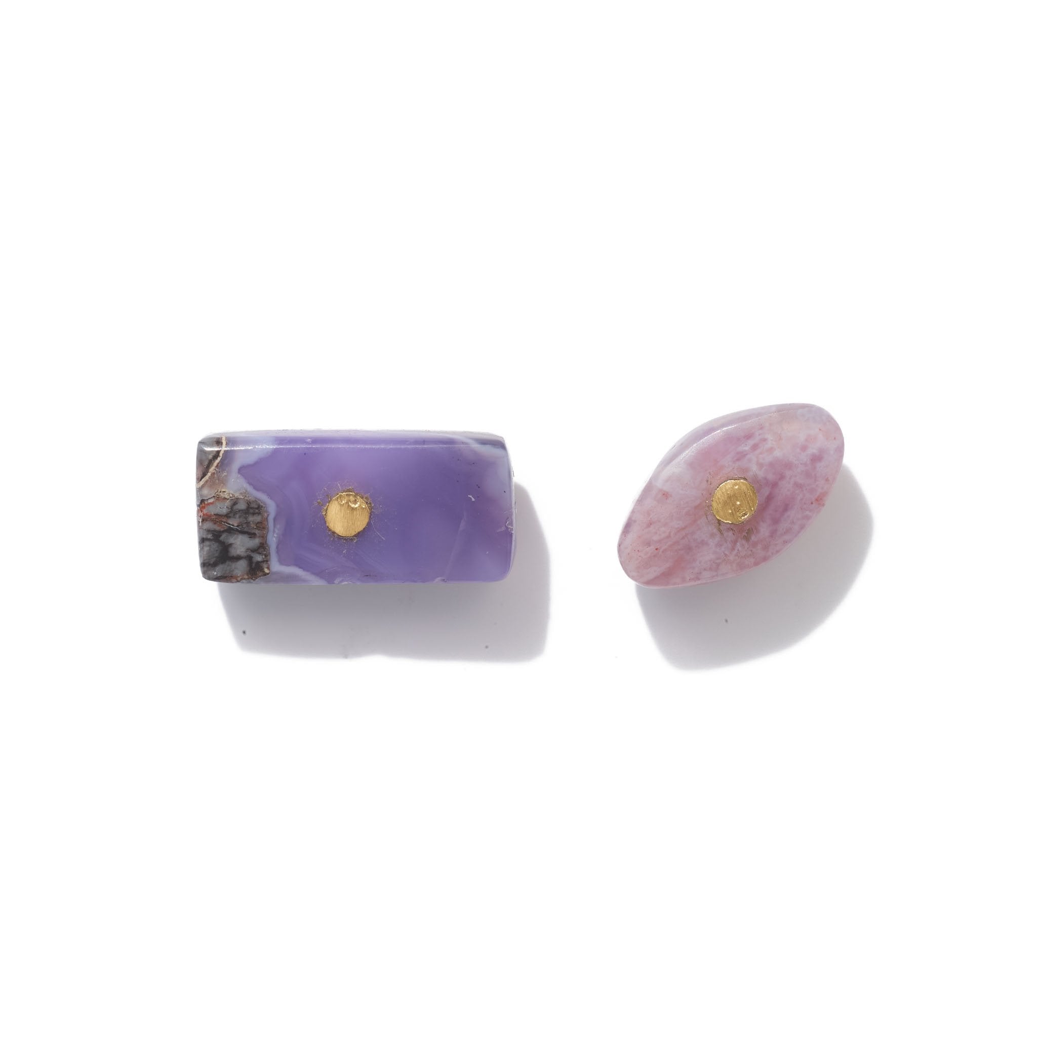 A striking pair of stud earrings that are always the center of attention, handcrafted from upcycled brass and ethically-sourced blue chalcedony stones.