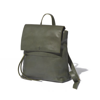 Green backpack handcrafted from sustainable Ethiopian leather featuring a hand-loomed cotton lining and adjustable straps.