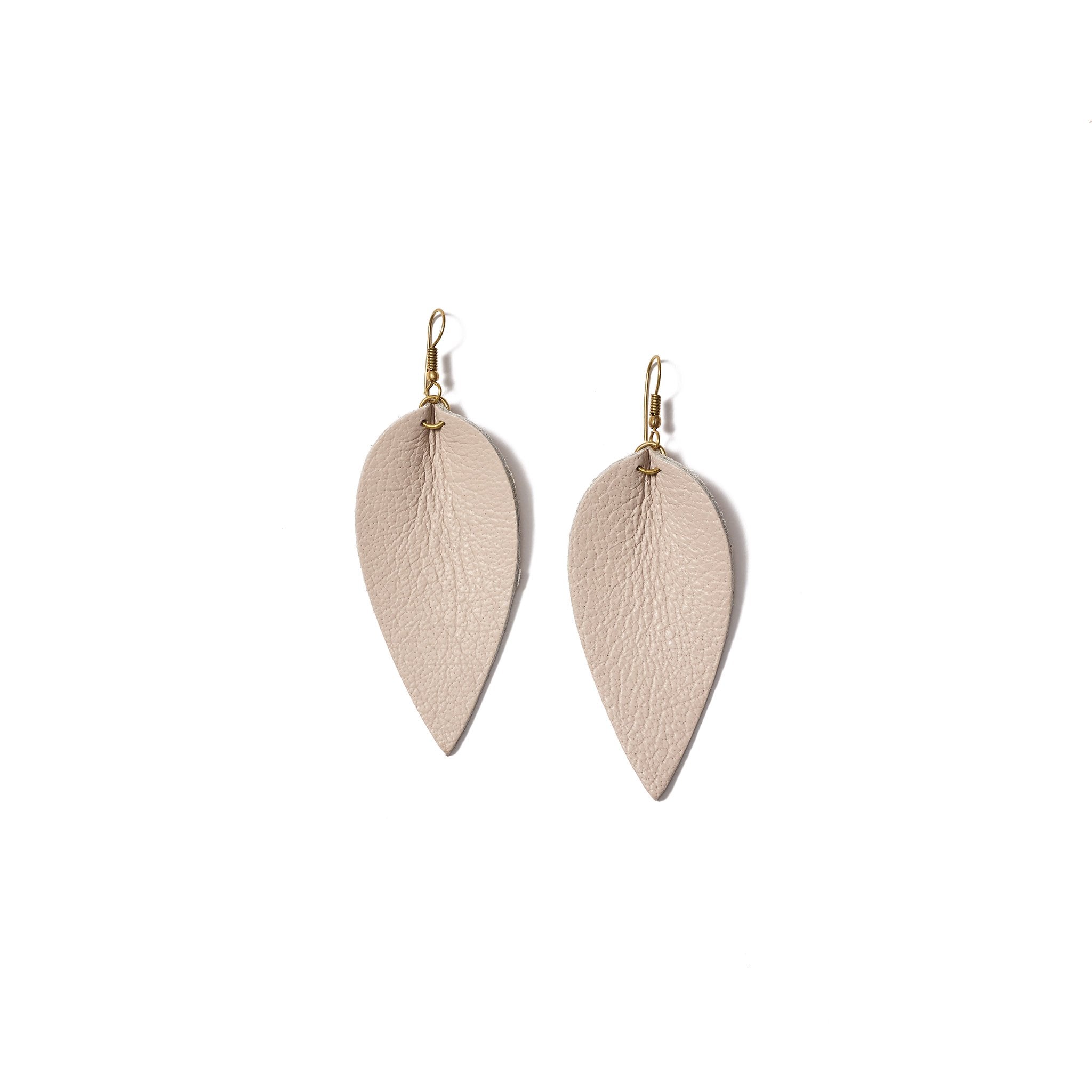 Classic design that transitions effortlessly from day to night, these grey leather leaf earrings are handcrafted from sustainable leather.